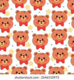 bonito mão desenho desenho de urso de desenho de desenho usando gravata borboleta com flores padrão sem costura.