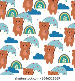bonito desenho de mão desenhando o urso de desenho animado com guarda-chuva azul e azul céu elemento sem costura padrão.
