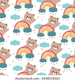 bonito mão desenho desenho de urso de desenhos animados com arco-íris e nuvens padrão sem costura. padrão animal bonito no fundo branco para papel de embrulho de presente e papel de parede