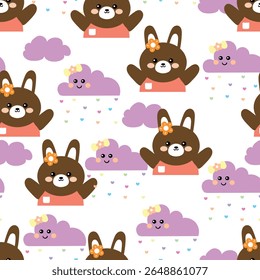 Bonito desenho de mão desenhando o urso de desenho e nuvens de chuva padrão sem costura. padrão animal bonito no fundo branco para papel de embrulho de presente e papel de parede