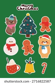 Lindo dibujo a mano de dibujos animados de oso, gato y Navidades elemento para Navidades pegatina. linda hoja de pegatina de Navidades