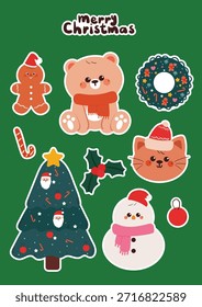 cute hand drawing cartoon bear, cat and Christmas element for Christmas sticker. cute Christmas sticker sheet