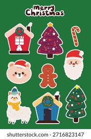 Lindo dibujo a mano de dibujos animados de oso, llama y elemento de Navidades para la etiqueta engomada de Navidades. linda hoja de pegatina de Navidades
