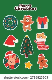 süßer handgezeichneter Zeichentrickbär, Löwe und Weihnachtselement für Weihnachtsaufkleber. süßes Weihnachts-Aufkleberblatt