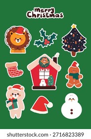 cute hand drawing cartoon bear, lion and Christmas element for Christmas sticker. cute Christmas sticker sheet