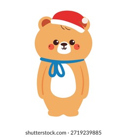 cute hand drawing cartoon bear with Santa hat and scarf for winter and Christmas sticker