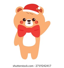 lindo oso de dibujos animados de dibujo a mano con sombrero de Santa y bufanda para el invierno y la etiqueta engomada de Navidades