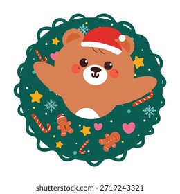 Lindo dibujo a mano de dibujos animados de oso dentro de la corona de Navidades para el invierno y la etiqueta engomada de Navidades
