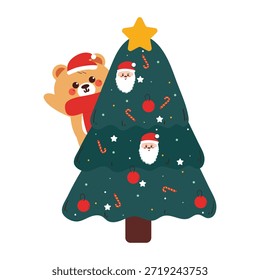 lindo oso de dibujos animados de dibujo a mano detrás del árbol de Navidad para el invierno y la etiqueta engomada de Navidades