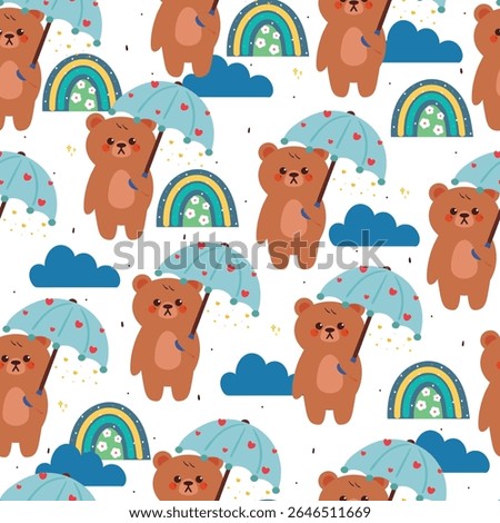 cute hand drawing cartoon bear with blue umbrella and blue sky element seamless pattern. cute animal pattern in white background for gift wrap paper and wallpaper