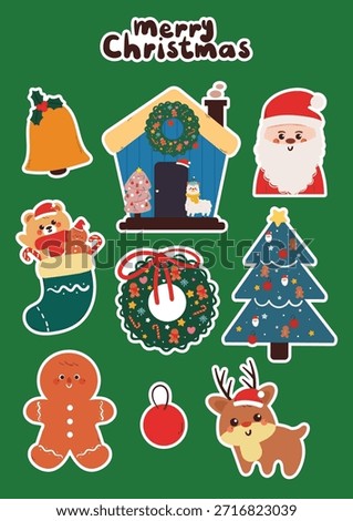 cute hand drawing cartoon bear and Christmas element for Christmas sticker. cute Christmas sticker sheet