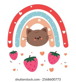 cute hand drawing cartoon boho rainbow character design wit cat and strawberry shower. cute sky element sticker