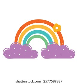 cute hand drawing cartoon boho rainbow with purple clouds and yellow flower. cute sky element for sticker, doodle