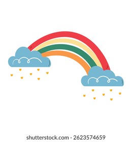 cute hand drawing cartoon boho rainbow with blue clouds and orange hear shower. cute sky element sticker