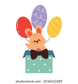 cute hand drawing cartoon bunny inside a box with balloons. cute animal drawing for birthday sticker, icon