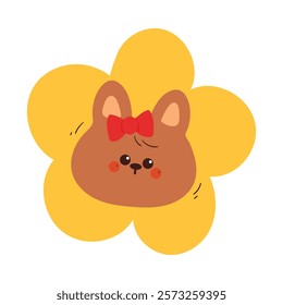 cute hand drawing cartoon bunny inside yellow flower. cute animal drawing for sticker and icon