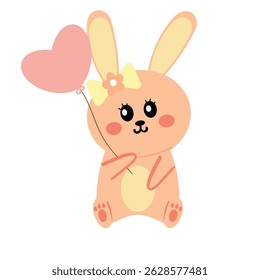 Cute hand drawing cartoon bunny holding pink balloon heart. cute animal drawing for sticker and icon