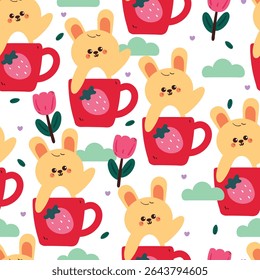 cute hand drawing cartoon bunny inside pink cup with flowers and sky element seamless pattern. cute animal pattern in white background for gift warp paper and wallpaper