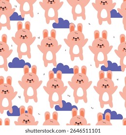 bonito desenho de mão desenho coelho desenho com nuvens azuis padrão sem costura. padrão animal bonito no fundo branco para papel de embrulho de presente e papel de parede