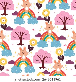 bonito desenho de mão coelho desenho desenho animado com arco-íris, elemento do céu e planta padrão sem emenda. padrão animal bonito no fundo branco para papel de embrulho de presente e papel de parede