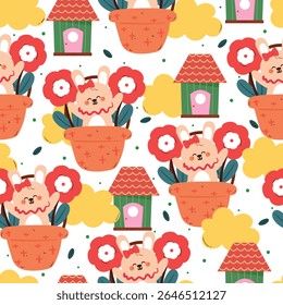 bonito desenho de mão coelho desenho cartum dentro de uma cesta de flores com casa e planta padrão sem costura.