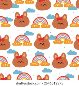 bonito desenho de mão coelho desenho desenho com nuvens azuis e arco-íris padrão sem emenda. bonito padrão animal em fundo branco para papel de embrulho presente e papel de parede