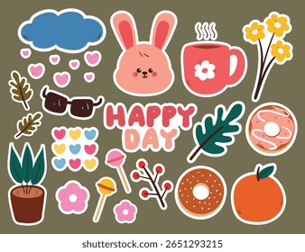cute hand drawing cartoon bunny with dessert, plant and cute stuff sticker set. cute sticker for kids, journal