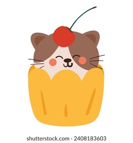 una mano linda dibujando al gato de dibujos animados dentro de una taza de bizcocho. doodle de gato lindo