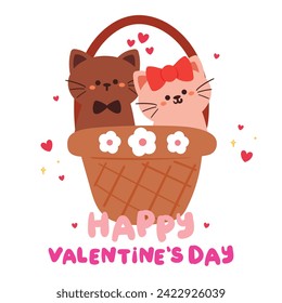 una linda pareja de gatos de dibujos animados dentro de una canasta. linda tarjeta de San Valentín. tarjeta de animal linda, papel de pared valentino