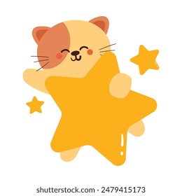 lindo dibujo a mano gato de dibujos animados sosteniendo una estrella. lindo animal doodle sticker