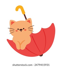 cute hand drawing cartoon cat playing with umbrella. cute animal doodle sticker