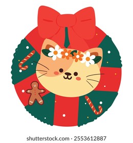 cute hand drawing cartoon cat inside a christmas wreath. cute doodle for christmas sticker, icon