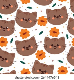 cute hand drawing cartoon cat with flowers and leaves seamless pattern. cute animal pattern in white background for gift warp paper and wallpaper