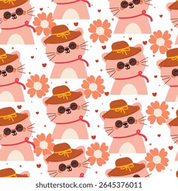 cute hand drawing cartoon cat wearing sun glasses with flower seamless pattern. cute animal pattern in white background for gift warp paper and wallpaper