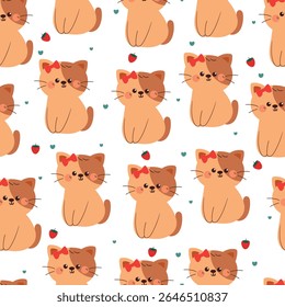 bonitinho desenho de mão gato de desenho de desenho usando pino de arco vermelho e morango padrão sem costura.