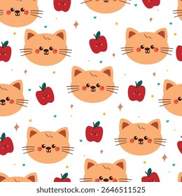 bonitinho desenho de mão gato desenho de desenho animado com personagem de maçã vermelha padrão sem costura. padrão animal bonito no fundo branco para papel de embrulho de presente e papel de parede