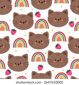 bonitinho desenho de mão gato desenho desenho com arco-íris e morango sem emenda padrão. padrão animal bonito no fundo branco para papel de embrulho de presente e papel de parede