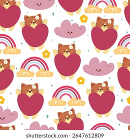 bonitinho desenho de mão gato desenho desenhos animados com balão roxo e céu elemento sem costura padrão. bonito animal padrão em fundo branco para papel de embrulho presente e papel de parede