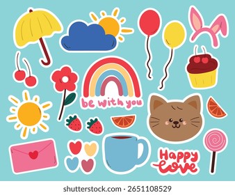 cute hand drawing cartoon cat with sky element and cute stuff sticker set. cute sticker for kids, journal