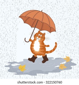 Cute hand drawing cartoon cat, umbrella, rain and puddles.  Vector illustration. Hello, Autumn.