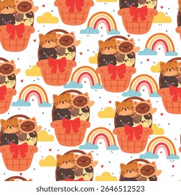 bonito desenho de mão desenhos animados gatos dentro de uma cesta de flores com padrão sem costura elemento do céu.
