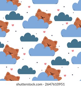 cute hand drawing cartoon cats behind blue clouds seamless pattern. cute animal pattern in white background for gift wrap paper and wallpaper