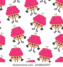 Desenho de mão bonito desenho cartoon cereja cupcakes sem costura padrão. padrão de sobremesa bonito em fundo branco para papel de embrulho de presente e papel de parede