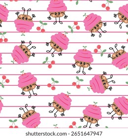 Desenho de mão bonito desenho cartoon cereja cupcakes sem costura padrão. padrão de sobremesa bonito em fundo branco para papel de embrulho de presente e papel de parede