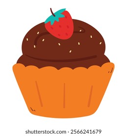 cute hand drawing cartoon chocolate cupcake with strawberry on it. cute dessert cartoon sticker