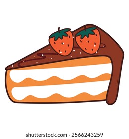 cute hand drawing cartoon chocolate cake with strawberry on it. cute dessert cartoon sticker