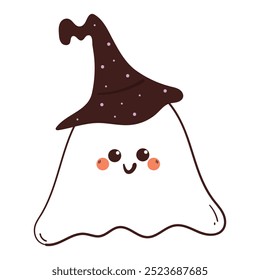süße handzeichnung cartoon ghost tragen witch hut für halloween. süße Halloween-Zeichnung für Aufkleber, Symbol