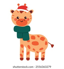 cute hand drawing cartoon giraffe wearing santa hat and scarf. cute bear drawing for christmas and winter sticker