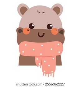 cute hand drawing cartoon hippo wearing pink scarf. cute bear drawing for winter sticker, winter animal