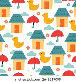 bonito desenho de mão desenhando casa de desenhos animados com guarda-chuva e pato sem costura padrão. bonito padrão animal em fundo branco para papel de embrulho de presente e papel de parede